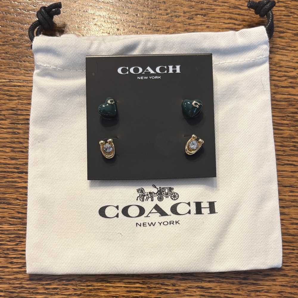 Coach Green Heart and Gold Crystal Stud Earrings Duo